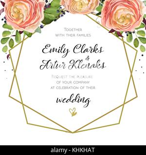 Hochzeit Einladung, floral einladen Card Design mit rosa Peach rose Ranunculus eleganten Blüten, Blue Berry Wald Farn grün Bouquet, geometrische gold Stock Vektor