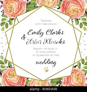 Hochzeit Einladung, floral einladen Card Design mit rosa Peach rose Ranunculus elegante Blue Berry , Farn grün Bouquet, geometrische golden Bo Stock Vektor