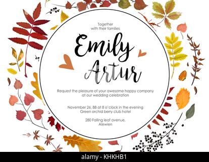 Hochzeit Herbst einladen Einladung Blumen Aquarell Stil card Design: Bunte verschiedenen orange gelb rote Blätter Wald Eiche natur Zweig ci Stock Vektor