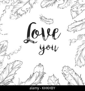 Vektor card Design: Vogel Feder & bead Hand gezeichneten Rand. monochrom schwarz grau Tintenschreiber Strichzeichnung im böhmischen Stil für die hochzeit einladung p Stock Vektor