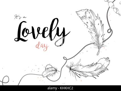 Vektor card Design: Vogel Feder & Perle grau ribbon Hand gezeichnet, Grenze. schwarz Kugelschreiber lineare Zeichnung in boho Style für die hochzeit einladung, post Stock Vektor