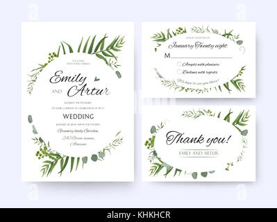 Hochzeit einladen, Einladung rsvp Danke Karte vektor Blumen Grün design: Wald fern Wedel, palm leaf Eukalyptus Zweig grüne Beeren, Laub er Stock Vektor