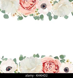 Vektor floral-Design mit blume Bukett von Pfirsich, Rosa Pulver weiße Rose, Pfingstrose wachs Blumen Eukalyptus grün Zweig und Blatt grün Mix. elegan Stock Vektor