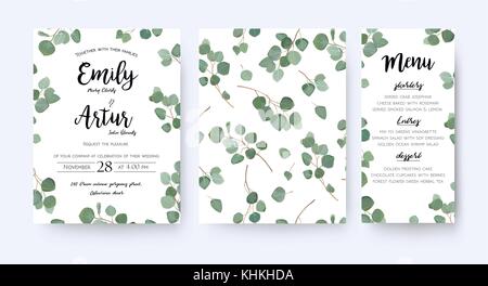 Hochzeit einladen Einladung Karte vektor Blumen Grün design: Wald eukalyptus Branchen & grüne Blätter laub grün Rahmen Muster. Postkarte Stock Vektor