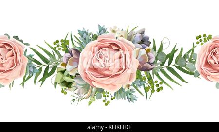 Die nahtlose Vektor florale Muster blumenstrauß Design: Garten rosa Rose Wachs pfirsich Lavendel Blume, Eukalyptus Zweig grünen Farn Palmwedeln saftige Beere il Stock Vektor