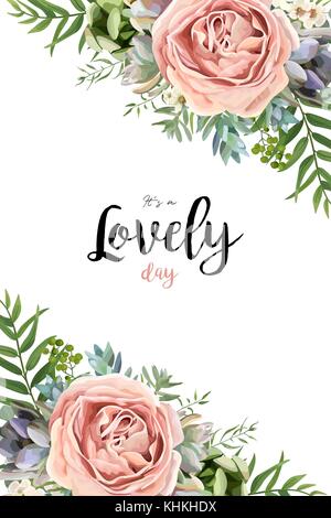 Die nahtlose Vektor florale Muster blumenstrauß Design: Garten rosa Rose Wachs pfirsich Lavendel Blume, Eukalyptus Zweig grünen Farn Palmwedeln saftige Beere il Stock Vektor