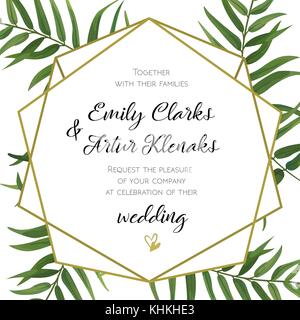 Hochzeit Einladung, floral-Design mit grünen tropischen Wald Palmenblättern, Wald, Farn grün einfach einladen, geometrische goldene Grenze hexago Stock Vektor