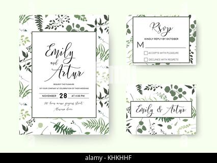 Hochzeit einladen, Einladung rsvp-Vektor Blumen grün silhouette Design: Palm Fern Tree, Laub natürlichen Zweige, Blätter, Kräuter, Beeren Stock Vektor