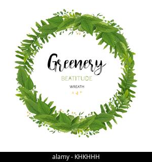 Florale Vektor Karte mit grünen Eukalyptus Farnblätter, eleganter Grünanlagen, berry Wald Kreis, runde Kranz Girlande Frame drucken einladen. Vektor Garten il Stock Vektor