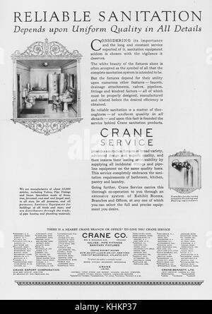 Ganzseitige Werbung für die Crane Company of Chicago mit dem Titel Reliable Sanitation Depases on Uniform Quality in All Details, veröffentlicht im National Geographic Magazine, Juli 1922. Stockfoto