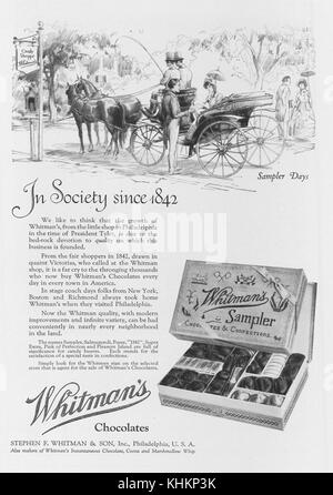 Ganzseitige Werbung für Whitman's Chocolates Sampler mit dem Titel in Society since 1842, im National Geographic Magazine, Philadelphia, Pennsylvania, Juli 1922. Stockfoto