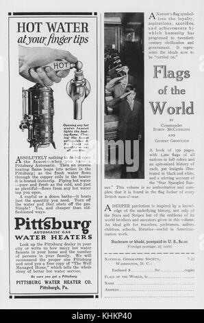 Halbseitige Werbung für Pittsburgh Automatic Gas Water Heaters, Pittsburgh Water Heater Company mit dem Titel Hot Water at Your Finger Tips, und halbseitige Werbung für Flags of the World, von Commander Byron McCandless und Gilbert Grosvenor, ein 150-seitiges Buch mit 200 Flaggen aller Nationen, das im National Geographic Magazine im Juli 1922 erschien. Stockfoto