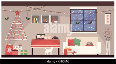 Zeitgenössisches Interieur an Weihnachten mit bunten Dekorationen, Laptop und Katzen Stock Vektor