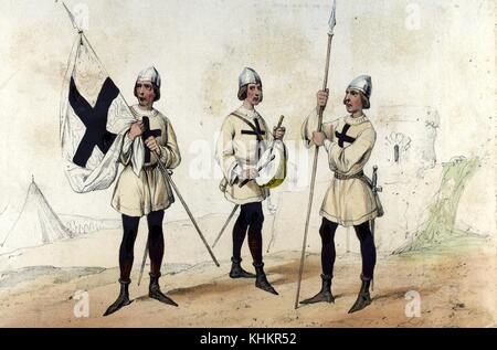 Farblithographie mit drei Soldaten des Heiligen Bruderschaft ca. 1490, constabulary im späten 15. Jahrhundert geschaffen, die von den katholischen Monarchen (Ferdinand und Isabella) Recht und Ordnung in ganz Spanien zu halten, aus dem Buch Album de la Infanteria Espanola, durch allgemeine Conde de Clonard, 1861. Von der New York Public Library. Stockfoto