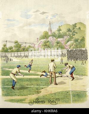 Farb-Lithograf aus den 1800er, der Baseballspieler auf dem Feld darstellt, einer rutscht in die Startplatte, große Menge im Hintergrund, mit dem Titel Home Run, 1900. Aus der New York Public Library. Stockfoto