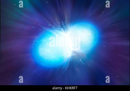 Neutronensterne, Illustration. Neutronensterne sind die Überreste von Sternen, die sich der Treibstoff ausgegangen und als Supernova explodiert, Schließlich kollabieren in eine superdense Kern. Eine typische Neutronenstern hat eine Masse von zwischen 1,3 und 2,1 Sonnenmassen, sondern Maßnahmen, die nur 10 km im Durchmesser. Neutronensterne existieren können als gekoppelt, oder Binär, Sterne. Hier ist die letzte Phase, kurz vor der Fusion. Dies führt zu einem heftigen Stoß der magnetischen Strahlung bleibende Millisekunden. Es wird angeregt, dies ist die Quelle der Kurze Gammablitze. Stockfoto