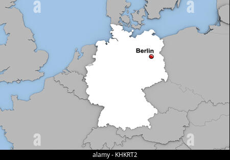 Abstrakte 3D-Render der Karte von Deutschland in weißer Farbe und Lage der Hauptstadt Berlin mit rotem Stift markiert Stockfoto