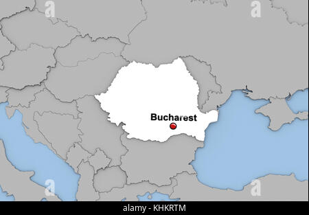 Abstrakte 3D-Render der Karte von Rumänien in weißer Farbe und Lage der Hauptstadt Bukarest mit rotem Stift markiert Stockfoto
