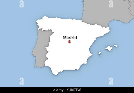 Abstrakte 3D-Render von Karte von Spanien in weißer Farbe und Lage der Hauptstadt Madrid mit rotem Stift markiert Stockfoto