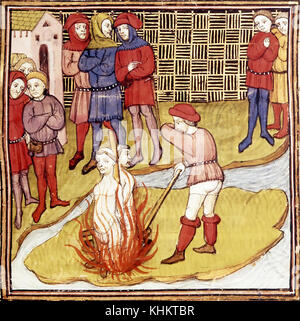 Die Tempelritter Jacques de Molay und Geoffroi de Charney wurden im März 1314 auf dem Scheiterhaufen auf der Ile de Cite in Paris verbrannt. Von den Grandes Chroniques de France. Stockfoto