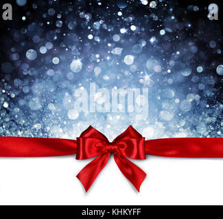 Red Ribbon mit glänzenden blauen Hintergrund - Christmas Card Stockfoto