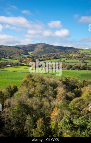 Wunderschöner Blick auf Moel Famau vom Unechten Country Park in Nordwales an einem sonnigen Herbsttag. Stockfoto