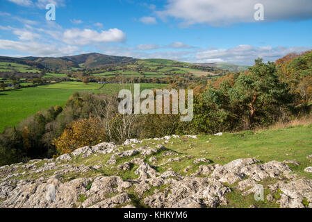 Blick auf Moel Famau vom Unechten Country Park in Nordwales. Ein sonniger Herbsttag. Stockfoto