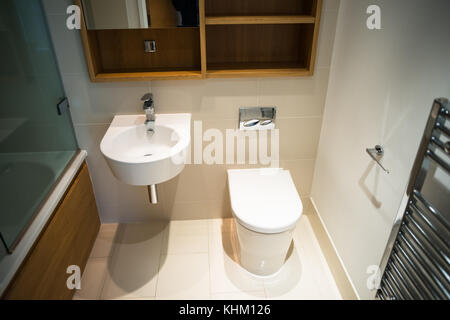 Modernes Badezimmer mit Toilette, Waschbecken und Badewanne in der neuen Wohnung aufbauen. UK. Stockfoto