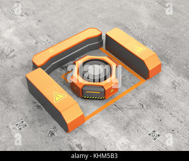 Orange Lager Roboter Ladung mit Ladestation. Erweiterte Lager Robotertechnik Konzept. 3D-Bild. Stockfoto