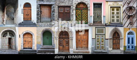 Set aus bunten hölzernen Türen und Tore in die Altstadt von Tallinn. Stockfoto