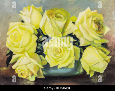 Original Ölgemälde auf Leinwand - gelbe Rose still life Close up in Vase auf braun Tabelle - Rosen Blumenarrangements vor blauem Hintergrund Stockfoto