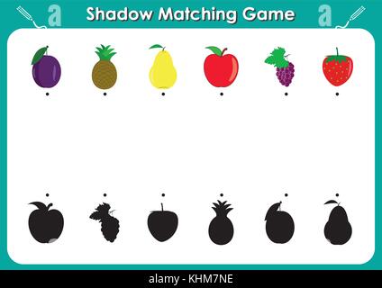 Shadow passende Spiel, Aktivität Seite für Kinder. Die richtige, korrekte Schatten Aufgabe für Kinder im Vorschulalter, Früchte und Schatten finden Stock Vektor