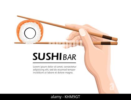 Stäbchen holding Sushi rollen. Konzept der Snack, Susi, exotische Ernährung, Sushi Restaurant, Sea Food. auf weißem Hintergrund. moderne Logo des Stock Vektor