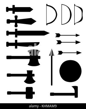 Satz von mittelalterlichen Waffen. Antike Schwerter, Äxte, Speer, Bogen, Pfeile, Schild. schwarzen Arme auf weißem Hintergrund. Vektor isolierte Elemente. website Seite und Stock Vektor