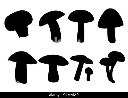 Pilze, schwarze Silhouetten, auf weißem Hintergrund. Vektor isolierte Elemente. Symbole. Webseite und mobile App Design Stock Vektor