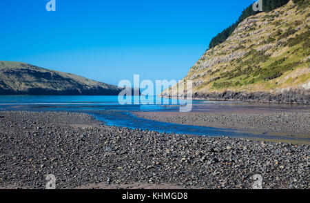 Sehenswürdigkeiten entlang der Strand in einer abgeschiedenen Bucht, Südinsel, Neuseeland: Stockfoto