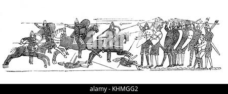 Ein Schauplatz der Kämpfe zwischen den Normannen von König Williiam I. und König Harold's Anglo-sächsische Armee in der Schlacht von Hastings im Jahre 1066. Vom Teppich von Bayeux Stockfoto