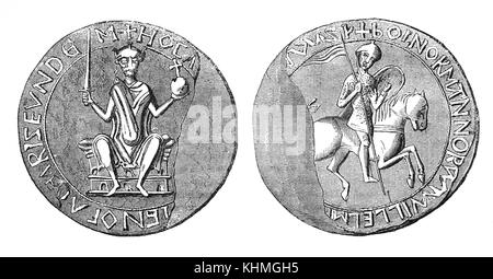 Das 11. Jahrhundert große Siegel von Wilhelm dem Eroberer nach seiner Niederlassung in England nach der Schlacht von Hastings 1066. Die Dichtung wurde verwendet, um die Zustimmung des Souveränen wichtige staatliche Dokumente zu symbolisieren. Stockfoto