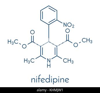 Nifedipin Kalziumkanalblocker Droge. in der Behandlung von Angina pectoris und Hypertonie (Bluthochdruck) verwendet. Skelettmuskulatur Formel. Stock Vektor