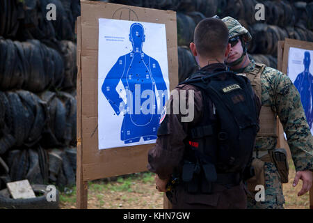 Us Marine Cpl. Dylan J. Kelly, Infanterie Trainer mit Mobile Training Team zwei, Befehl Element, Special Purpose Marine Air-Ground Task Force - Southern Command, zeigt ein Mitglied der Costaricanischen Polizei schoss seiner Gruppe auf dem Zielsystem an der Polizei Base Murcielago in Cuajiniquil, Costa Rica, 15. August 2017. Die Mtt ist Unterricht grundlegende Treffsicherheit Fähigkeiten an den Host nation Polizei bei ihrem Aufenthalt in Costa Rica. Die Marinesoldaten und Matrosen von SPMAGTF - SC sind zu Mittelamerika bereitgestellte Sicherheit Zusammenarbeit Schulung und Engineering Projekte mit ihren Gegenstücken in mehreren Zentralen durchzuführen Stockfoto