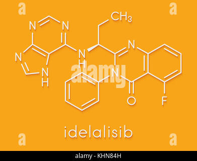 Idelalisib Leukämie Droge Molekül. Inhibitor der phosphoinositide 3-Kinase (Pi3k). Skelettmuskulatur Formel. Stockfoto