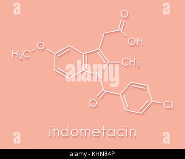 Indometacin (indometacin), nicht-steroidale Entzündungshemmer (NSAR) Molekül. Skelettmuskulatur Formel. Stockfoto