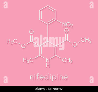 Nifedipin Kalziumkanalblocker Droge. in der Behandlung von Angina pectoris und Hypertonie (Bluthochdruck) verwendet. Skelettmuskulatur Formel. Stockfoto