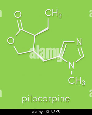 Pilocarpine alkaloid Droge Molekül. in der Behandlung von Glaukom und Mundtrockenheit (xerostomie) verwendet. Skelettmuskulatur Formel. Stockfoto