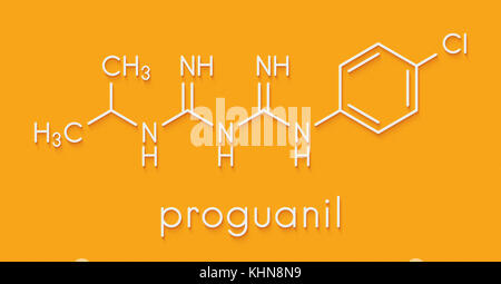 Proguanil prophylaktische Arzneimittel gegen Malaria Molekül. Skelettmuskulatur Formel. Stockfoto