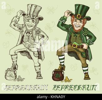 Handgezeichneter Vektor Leprechauns und Schriftzug Stock Vektor