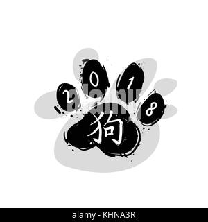 Hund Foot Print mit chinesischen Kalligraphie symbol von 2018 neues Jahr schwarze Pfote auf weißem Hintergrund Stock Vektor