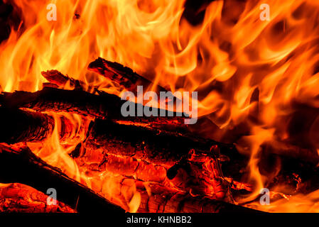 Große rote und orange Flammen tobenden Feuer, Holz und die Glut im Feuer auf dem Hintergrund der Flammen Stockfoto