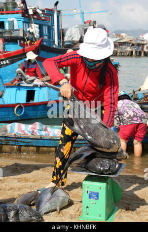 Frauen, Waage und Fisch am Strand von Nha Trang, Vietnam Stockfoto