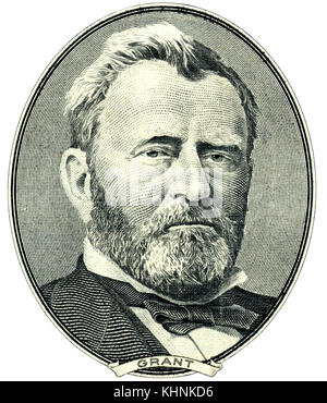 Porträt des US-Staatsmann, Erfinder und Diplomat Ulysses S. Grant als er schaut auf fünfzig Dollar Bill Vorderseite. Clipping-Pfad enthalten. Stockfoto